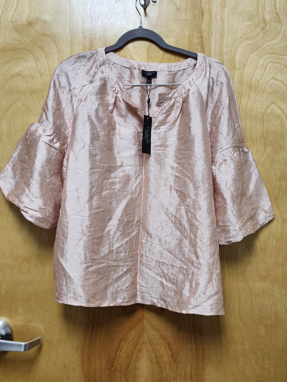 Talbots Size L Petites 100% Silk Crinkle Ruffle sleeve Top Blouse Blush pink